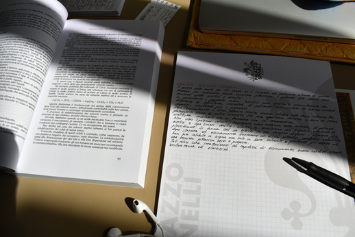 ロックダウン下、家で修復の本を読みながら勉強している様子